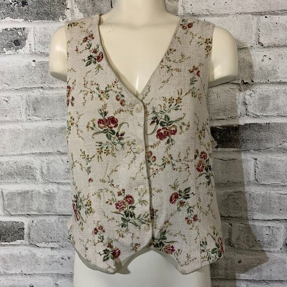 Vintage 90s Vest Medium Cream Linen Flax Rose Floral Button Front Back Tie - Picture 1 of 11